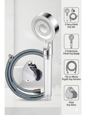 Özgürce 5 Fonksiyonlu Beyaz Duş Başlığı Seti, 150 cm Hortum ve Mafsal ile
