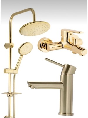 Özgürce Altın Renkli Yuvarlak Robot Duş Seti ve Lavabo Bataryası 3'lü Paket