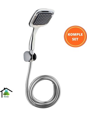 Özgürce Şık Siyah Kare Lüks Duş Seti Krom Hortum ve Mafsal ile