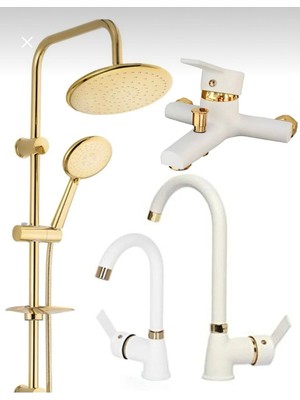 Özgürce Beyaz Gold Robot Seti, Banyo ve Mutfak Lavabo Bataryası, 4’lü Set