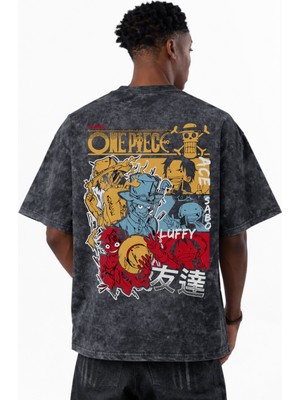 Sevbano One Piece Monkey D. Luffy Ace Sabo Anime Baskılı Unisex Oversize Eskitme Yıkamalı Tişört