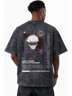 Sevbano Gojo Satoru Jujutsu Kaisen Anime Baskılı Unisex Oversize Eskitme Yıkamalı Tişört