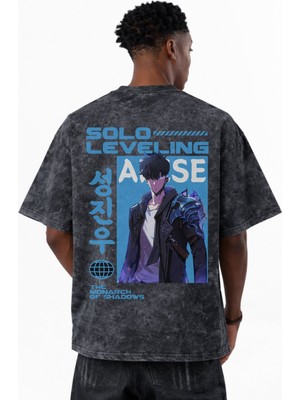 Sevbano Solo Leveling Arise Anime Baskılı Unisex Oversize Eskitme Yıkamalı Tişört