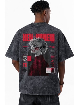 Sevbano Tasarım Ken Kaneki Tokyo Ghoul Anime Baskılı Unisex Oversize Eskitme Yıkamalı Tişört