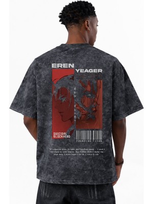 Sevbano Attack On Titan Eren Yeager Anime Baskılı Unisex Oversize Eskitme Yıkamalı Tişört