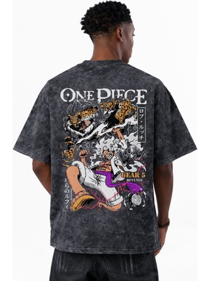 Sevbano One Piece Monkey D. Luffy Gear 5 Revenge Anime Baskılı Unisex Oversize Eskitme Yıkamalı Tişört
