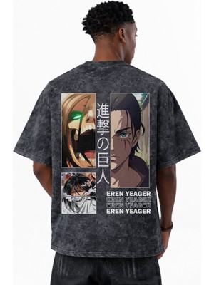 Sevbano Attack On Titan Eren Yeager Anime Baskılı Unisex Oversize Eskitme Yıkamalı Tişört