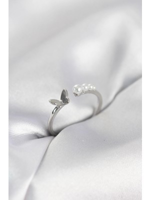 Erbilden Erb Incili Kelebek Model Gümüş Renk Pirinç Kadın Yüzük