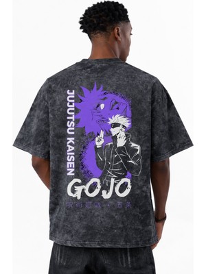 Sevbano Jujutsu Kaisen Gojo Satoru Anime Baskılı Unisex Oversize Eskitme Yıkamalı Tişört