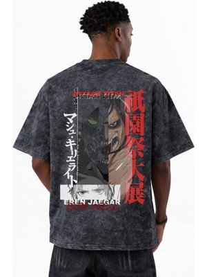 Sevbano Attack On Titan Eren Jaeger Anime Baskılı Unisex Oversize Eskitme Yıkamalı Tişört