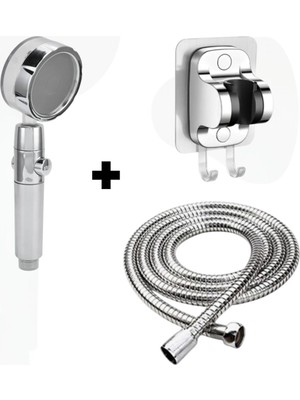Özgürce Turbo Fanlı 360° Gri Duş Başlığı, Yapışkanlı Mafsal ve 150 cm Örgülü Hortum