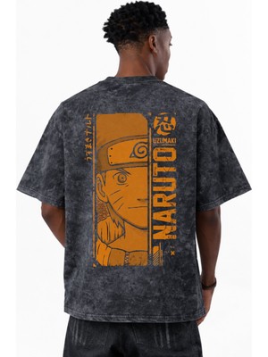 Sevbano Naruto Uzumaki Anime Baskılı Unisex Oversize Eskitme Yıkamalı Tişört