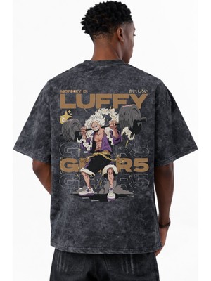 Sevbano One Piece Monkey D. Luffy Gear 5 Fitness Gym Anime Baskılı Unisex Oversize Eskitme Yıkamalı Tişört