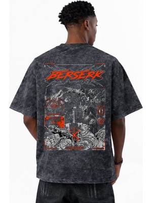Sevbano Berserk Guts Anime Baskılı Unisex Oversize Eskitme Yıkamalı Tişört