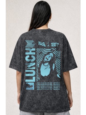 Sevbano Tasarım Billie Eilish Lunch Şarkıcı Baskılı Unisex Oversize Eskitme Yıkamalı Tişört