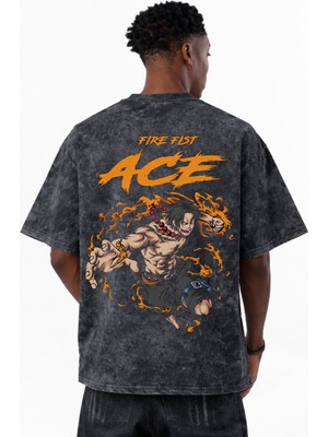 Sevbano One Piece Fire Fist Ace Portgas D. Ace Anime Baskılı Unisex Oversize Eskitme Yıkamalı Tişört