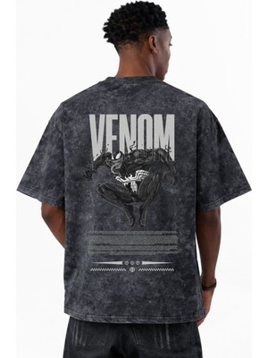 Sevbano Tasarım Venom Film Kahramanı Baskılı Unisex Oversize Eskitme Yıkamalı Tişört