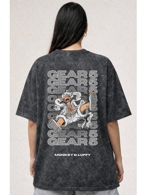 Sevbano One Piece Monkey D. Luffy Gear 5 Anime Baskılı Unisex Oversize Eskitme Yıkamalı Tişört