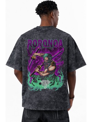 Sevbano Roronoa Zoro One Piece Anime Baskılı Unisex Oversize Vintage Yıkamalı Tişört
