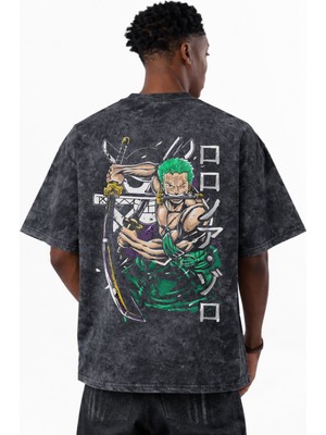 Sevbano Roronoa Zoro One Piece Anime Baskılı Unisex Oversize Vintage Yıkamalı Tişört