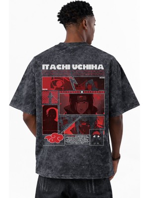 Sevbano Itachi Uchiha Naruto Anime Baskılı Unisex Oversize Eskitme Yıkamalı Tişört