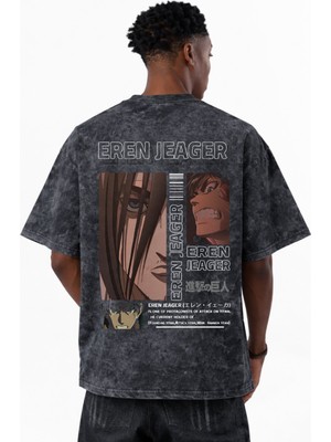 Sevbano Attack On Titan Eren Jaeger Anime Baskılı Unisex Oversize Eskitme Yıkamalı Tişört