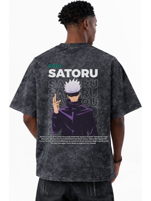 Sevbano Tasarım Gojo Satoru Jujutsu Kaisen Anime Baskılı Unisex Oversize Eskitme Yıkamalı Tişört