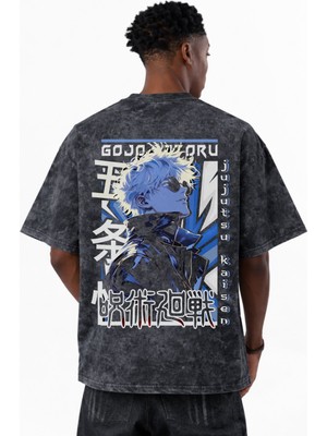 Sevbano Gojo Satoru Jujutsu Kaisen Anime Baskılı Unisex Oversize Eskitme Yıkamalı Tişört