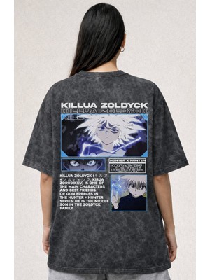Sevbano Killua Zoldyck Hunter x Hunter Anime Baskılı Unisex Oversize Vintage Yıkamalı Tişört