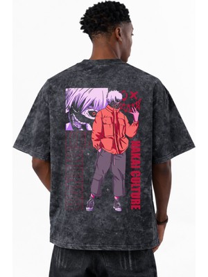 Sevbano Ken Kaneki Tokyo Ghoul Anime Baskılı Unisex Oversize Eskitme Yıkamalı Tişört