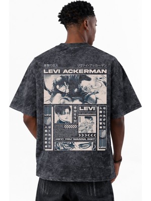 Sevbano Tasarım Levi Ackerman Attack On Titan Anime Baskılı Unisex Oversize Eskitme Yıkamalı Tişört