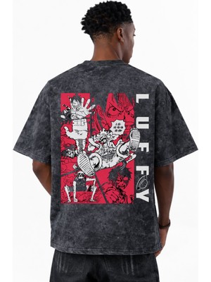 Sevbano One Piece Monkey D. Luffy Gear 5 Revenge Anime Baskılı Unisex Oversize Eskitme Yıkamalı Tişört