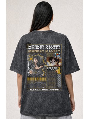 Sevbano Tasarım Monkey D. Luffy One Piece Anime Baskılı Unisex Oversize Vintage Yıkamalı Tişört