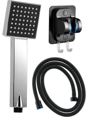 Özgürce Şık Siyah Kare Duş Başlığı ve 3m Yapışkanlı Mafsal ile Örgülü Hortum Seti