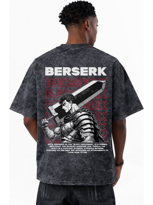 Sevbano Berserk Guts Anime Baskılı Unisex Oversize Eskitme Yıkamalı Tişört