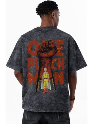 Sevbano One Punch Man Anime Baskılı Unisex Oversize Eskitme Yıkamalı Tişört