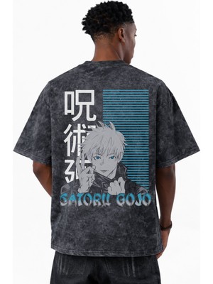 Sevbano Gojo Satoru Jujutsu Kaisen Anime Baskılı Unisex Oversize Eskitme Yıkamalı Tişört
