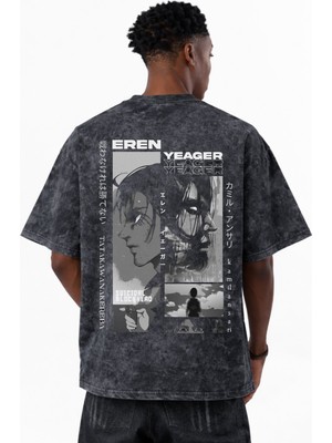 Sevbano Attack On Titan Eren Yeager Anime Baskılı Unisex Oversize Eskitme Yıkamalı Tişört