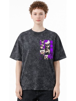 Sevbano Gojo Satoru Jujutsu Kaisen Anime Baskılı Unisex Oversize Eskitme Yıkamalı Tişört