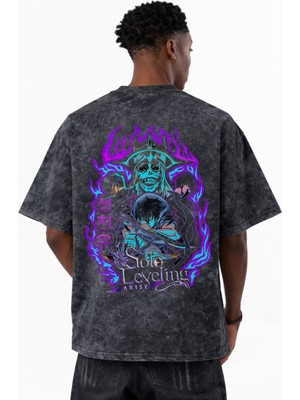 Sevbano Solo Leveling Sung Jin Woo Arise Anime Anime Baskılı Unisex Oversize Vintage Yıkamalı Tişört