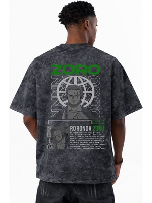 Sevbano Roronoa Zoro One Piece Anime Baskılı Unisex Oversize Vintage Yıkamalı Tişört