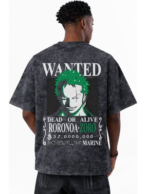 Sevbano Wanted Roronoa Zoro One Piece Anime Baskılı Unisex Oversize Vintage Yıkamalı Tişört