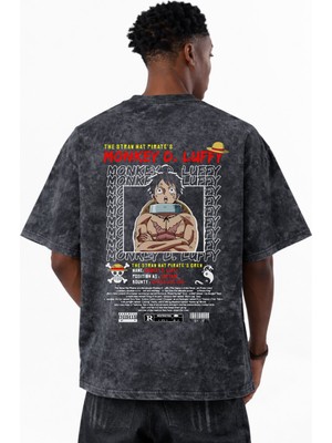 Sevbano Tasarım Monkey D. Luffy One Piece Anime Baskılı Unisex Oversize Vintage Yıkamalı Tişört