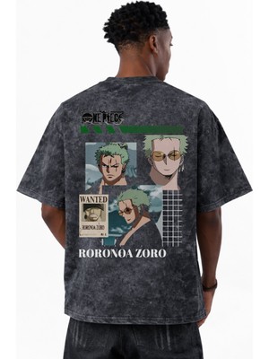 Sevbano One Piece Roronoa Zoro Anime Baskılı Unisex Oversize Vintage Yıkamalı Tişört