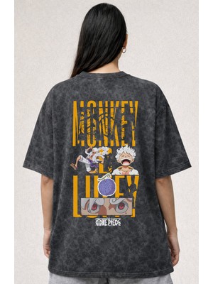 Sevbano Tasarım Monkey D. Luffy One Piece Anime Baskılı Unisex Oversize Vintage Yıkamalı Tişört