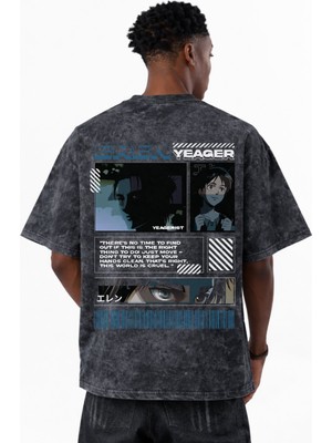 Sevbano Attack On Titan Eren Yeager Anime Baskılı Unisex Oversize Eskitme Yıkamalı Tişört