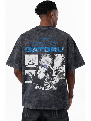 Sevbano Gojo Satoru Jujutsu Kaisen Anime Baskılı Unisex Oversize Eskitme Yıkamalı Tişört