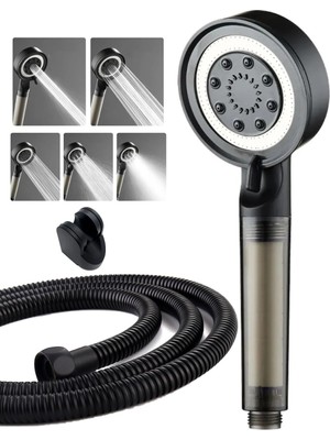 Özgürce 5 Fonksiyonlu Siyah Çelik Duş Başlığı ve Hortum Seti