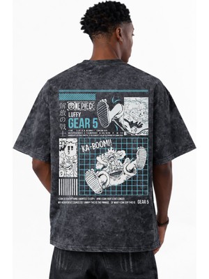 Sevbano Tasarım One Piece Monkey D. Luffy Gear 5 Anime Baskılı Unisex Oversize Eskitme Yıkamalı Tişört