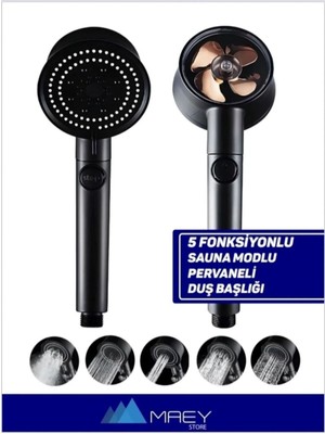 Özgürce Turbo Pervaneli Siyah Çok Fonksiyonlu Duş Başlığı, 360° Dönebilen, Start-Stop Tuşlu
